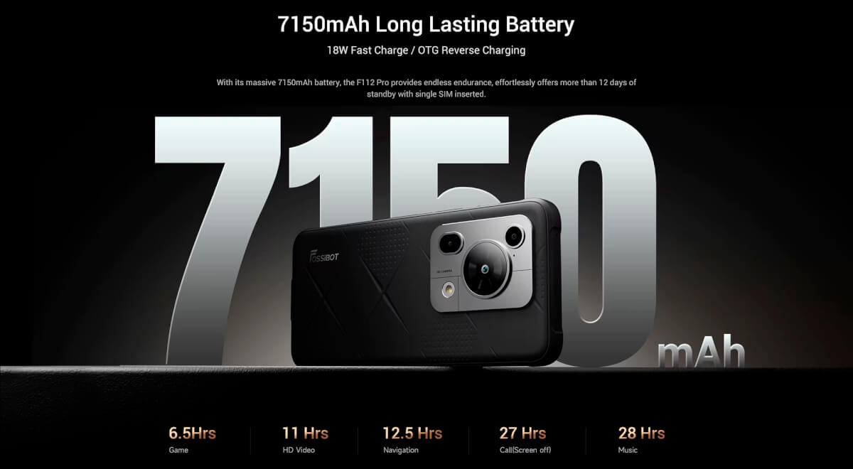 Новий Fossibot F112 PRO 5G - Довговічний та Міцний Смартфон за $159 (Батарея 7150 мАг) 12 The built-in 7150 mAh battery