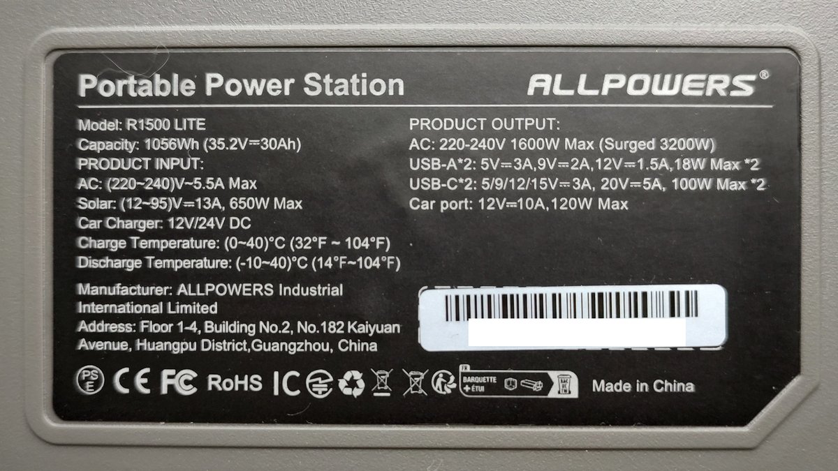 ALLPOWERS R1500 LITE - ТОПОВА Зарядна Станція на 1 кВт для Дому 4 ALLPOWERS R1500 LITE - вхідна та вихідна потужність