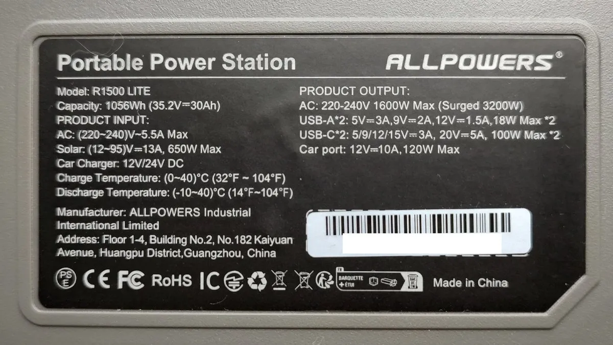 ALLPOWERS R1500 LITE - ТОПОВАЯ Зарядная Станция на 1 кВт для Дома и Дороги 8 ALLPOWERS R1500 LITE - входная и выходная мощность