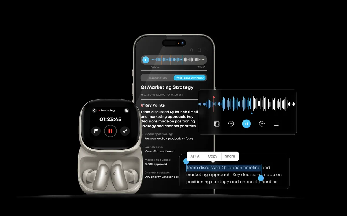 New Soundcore Liberty 5 Pro and Pro Max (2026) — AI Recording, Bluetooth 6.1 for $169.99 and $229.99 4 Soundcore Liberty 5 Pro Max — AMOLED case display with ANC controls