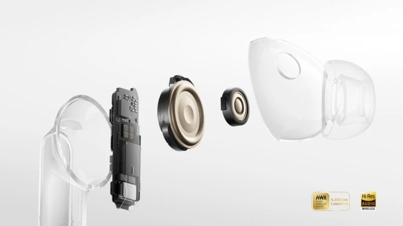 Устройство HUAWEI FreeBuds Pro 5 в разборе: плата, крупный и малый драйверы