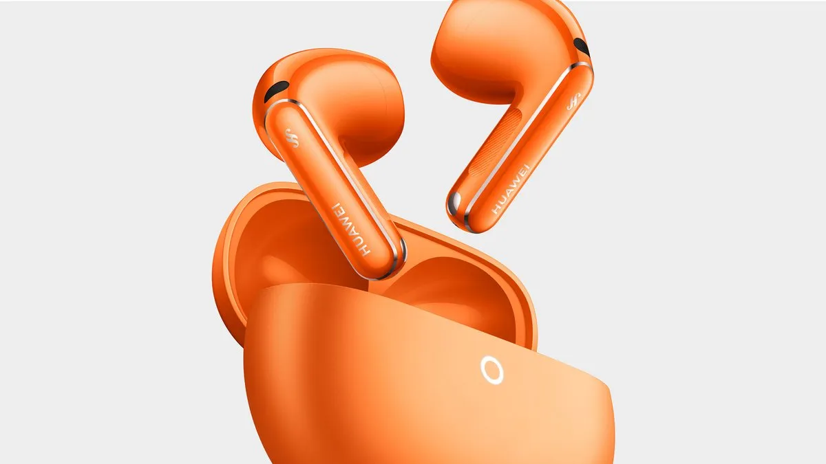 New HUAWEI FreeBuds 7 — Open-Fit Earbuds with ANC, Sales Start September 7 1 HUAWEI FreeBuds 7 in sunny orange: two earbuds above an open charging case, official Huawei shot