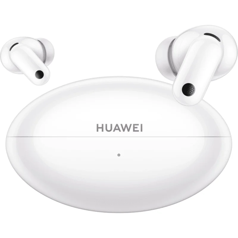 Huawei FreeBuds Neo in Ice White — earbuds and charging case on a white background