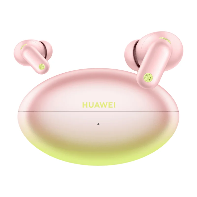 Нові Huawei FreeBuds Neo — Бездротові Міні Навушники з Bluetooth 6.0 та LDAC 3 Huawei FreeBuds Neo у кольорі Nebula Pink — навушники та зарядний кейс на білому тлі